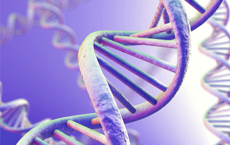 3D illustration of DNA structure on purple background.