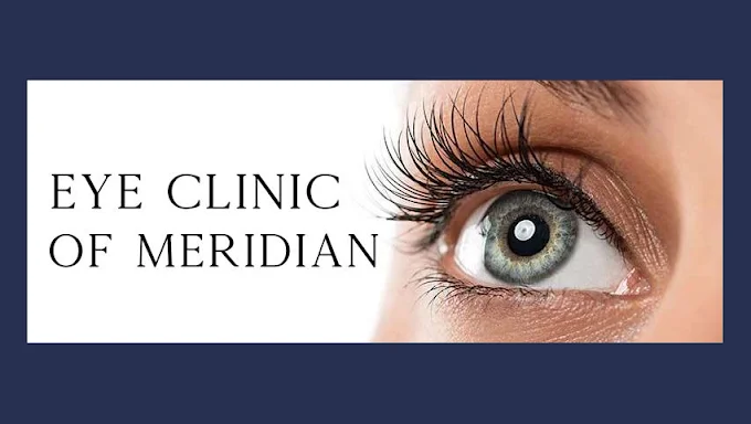 Close-up of an eye, "Eye Clinic of Meridian" advertisement.
