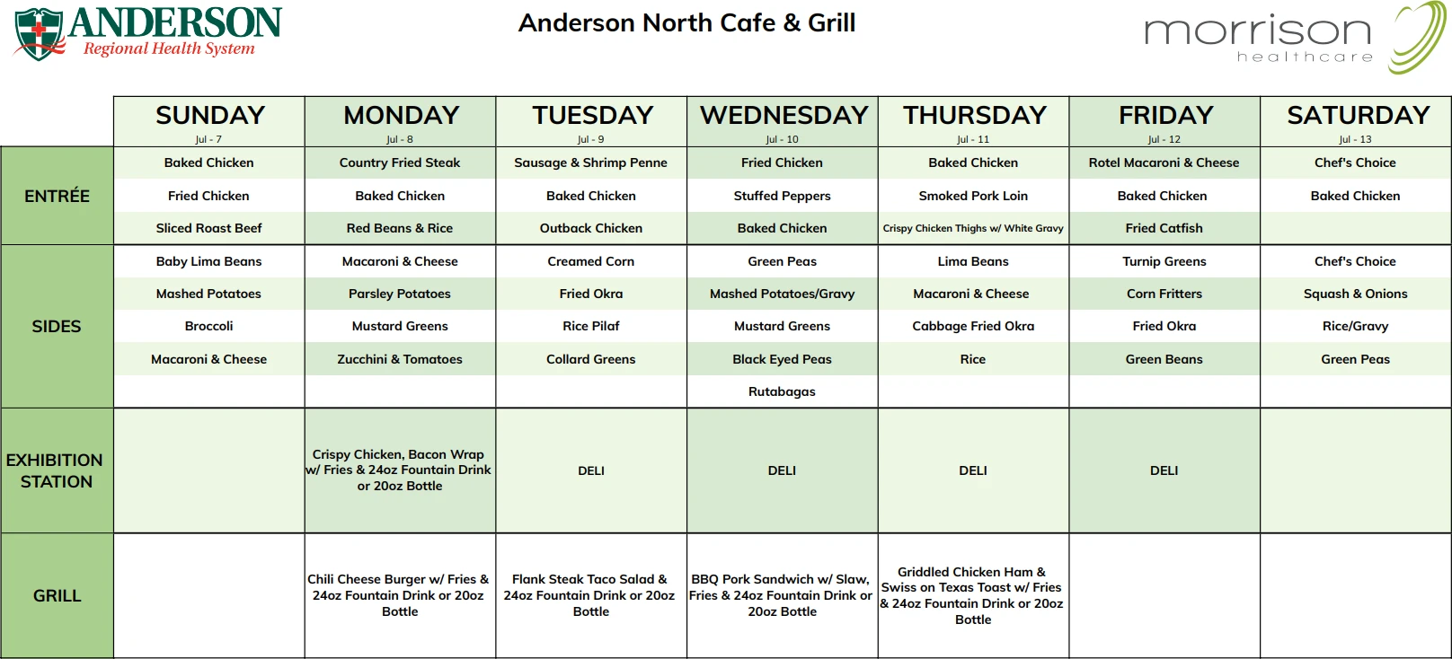 Weekly menu schedule for Anderson North Cafe & Grill
