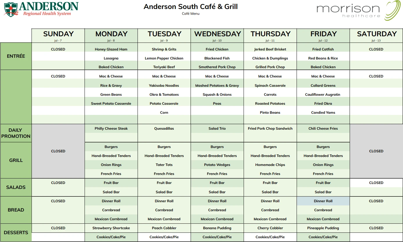 Weekly menu for Anderson South Café & Grill