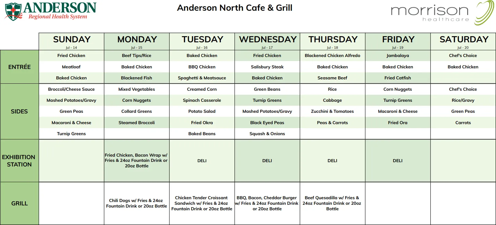 Weekly menu chart for Anderson North Cafe & Grill