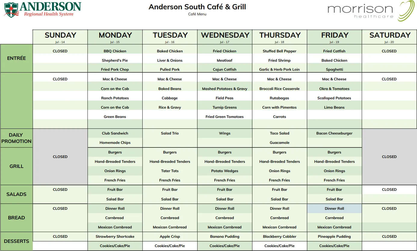 Weekly cafe menu at Anderson South Cafe & Grill