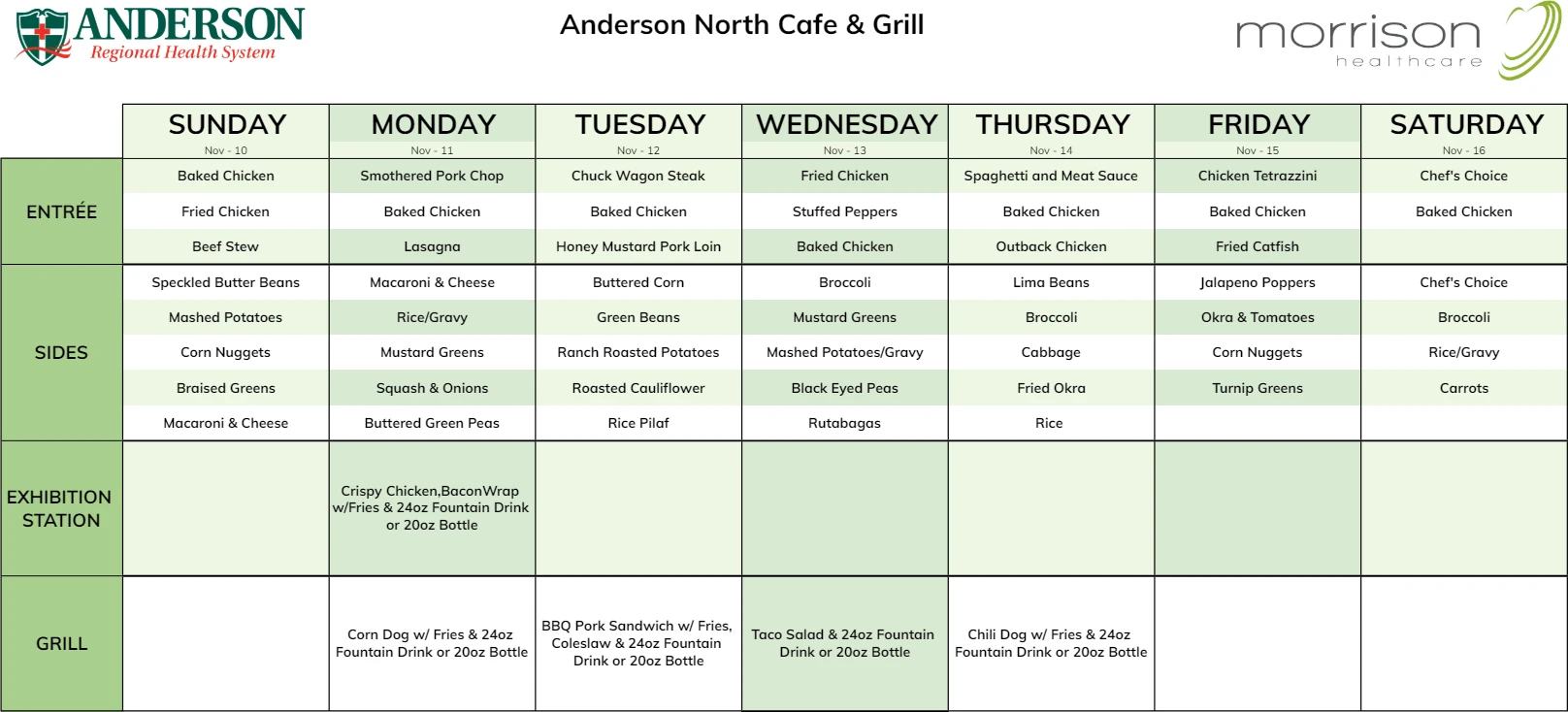 Weekly menu schedule for Anderson North Cafe & Grill