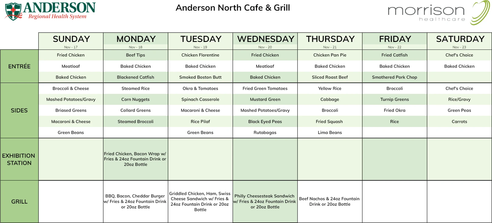 Weekly menu schedule for Anderson North Cafe & Grill