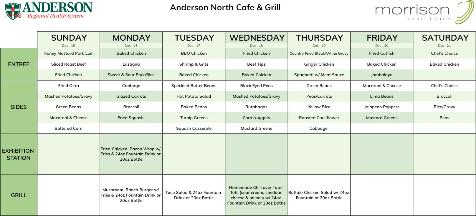 Weekly meal schedule for Anderson Regional Health System.