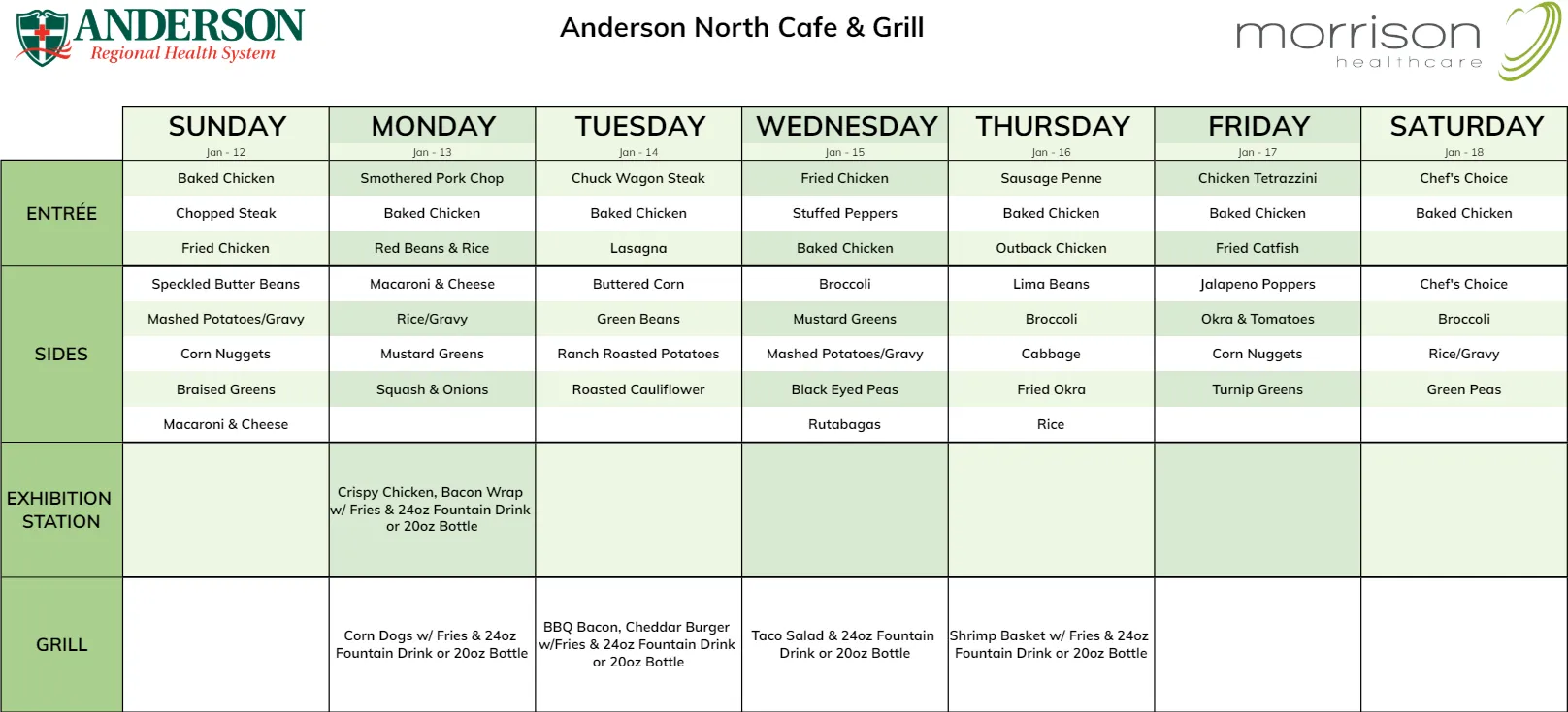 Weekly menu at Anderson North Cafe & Grill