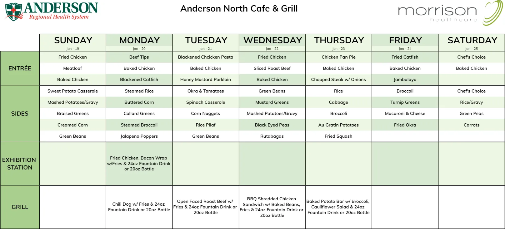 Weekly cafeteria menu with varied meal options