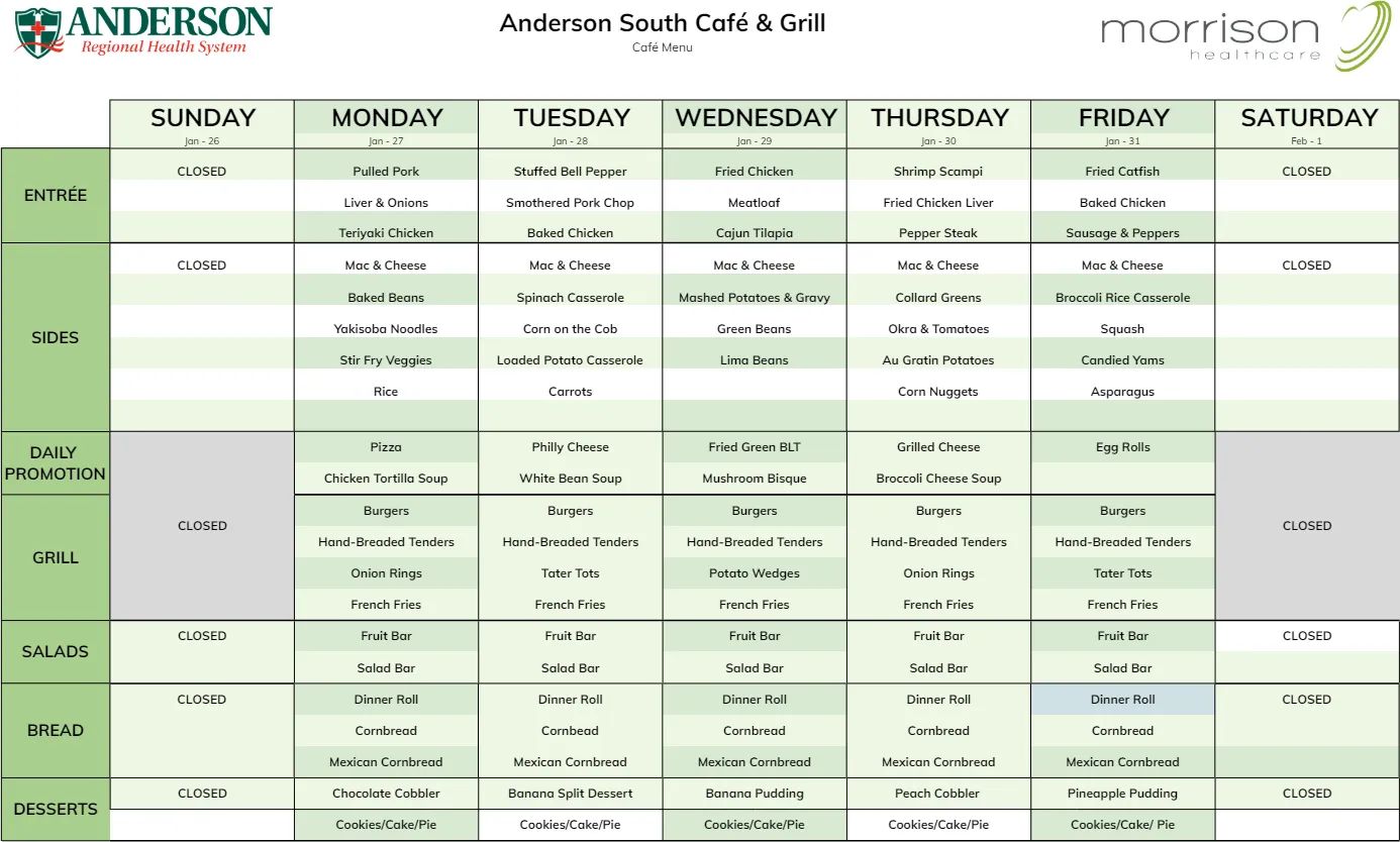 Weekly menu schedule for Anderson South Café & Grill